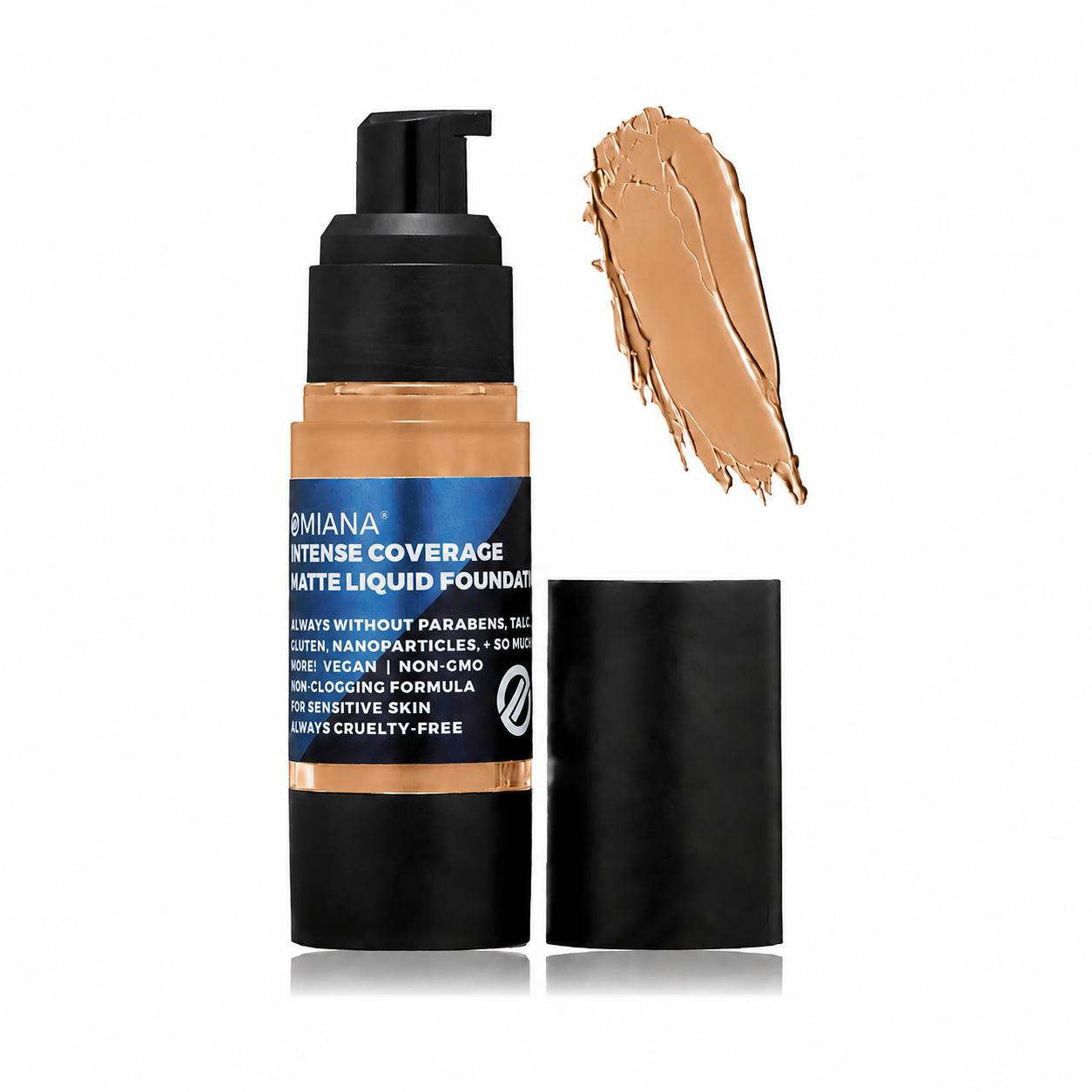 Omiana Intense Coverage Liquid Foundation in Pecan, a medium warm-neutral shade.