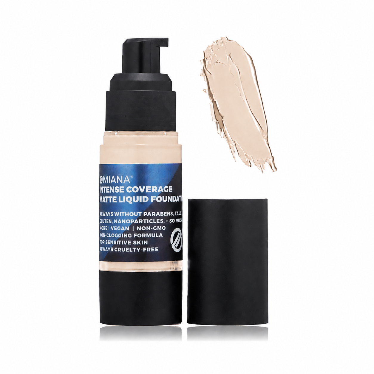 Omiana Intense Coverage Liquid Foundation in Ivory, a fair warm-neutral shade.