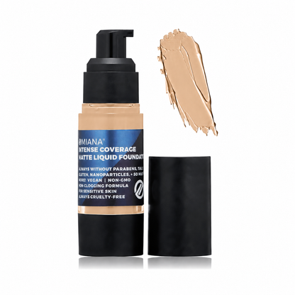 Omiana Intense Coverage Liquid Foundation in Cashew, a light-medium warm-neutral shade.