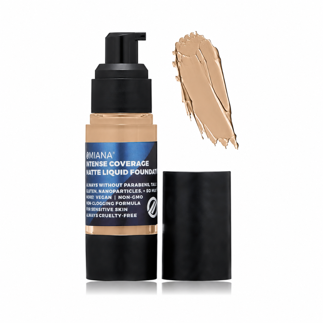 Omiana Intense Coverage Liquid Foundation in Cashmere, a light-medium neutral shade.