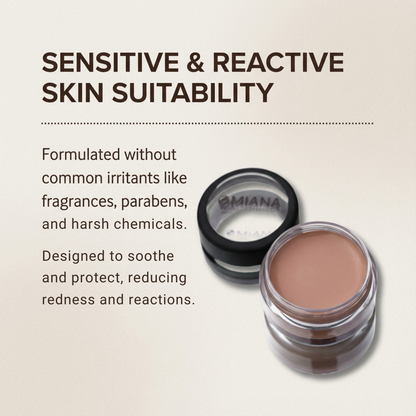 Omiana concealer cream with text about sensitive and reactive skin suitability