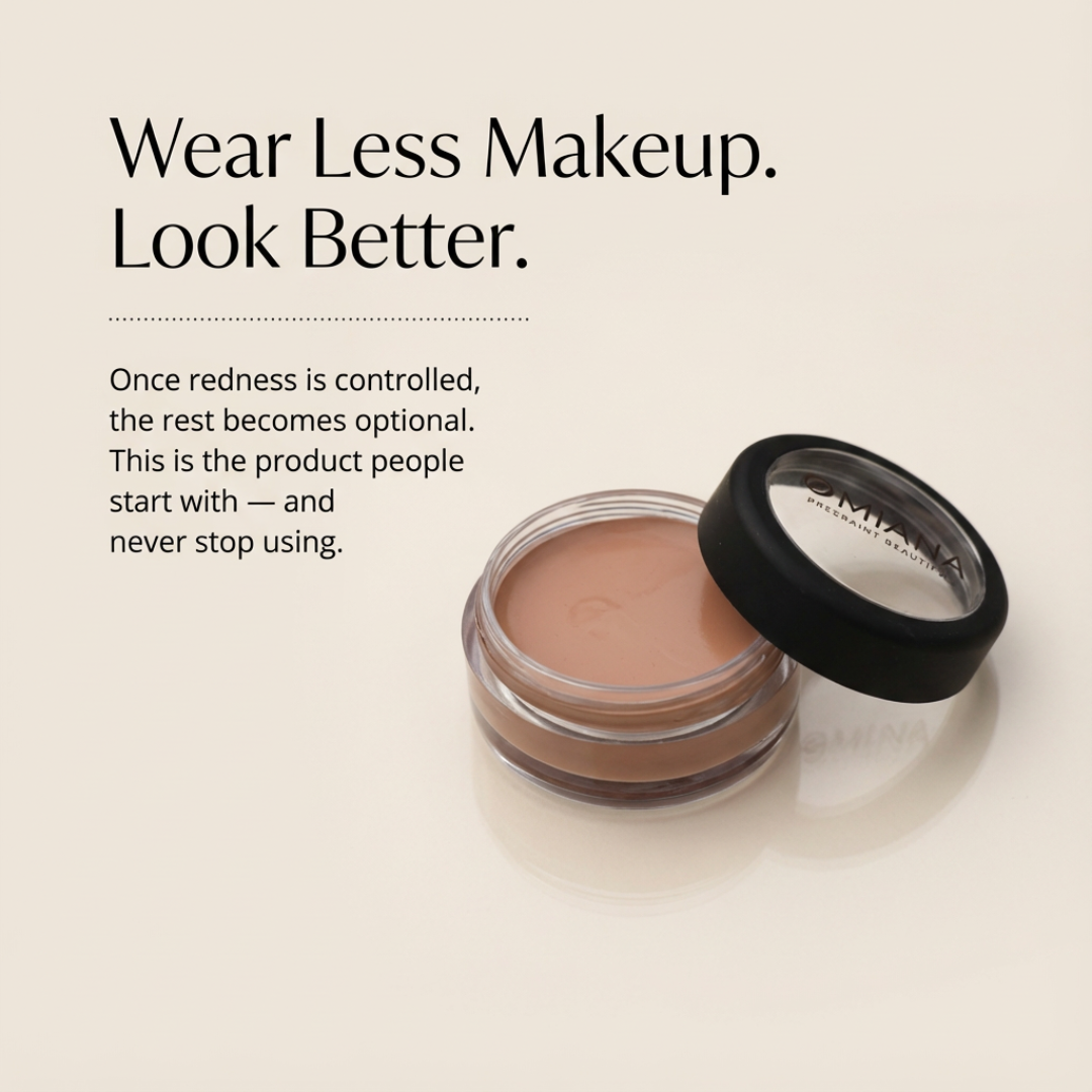 Open jar of mineral makeup concealer cream with text about minimal makeup use on a light background