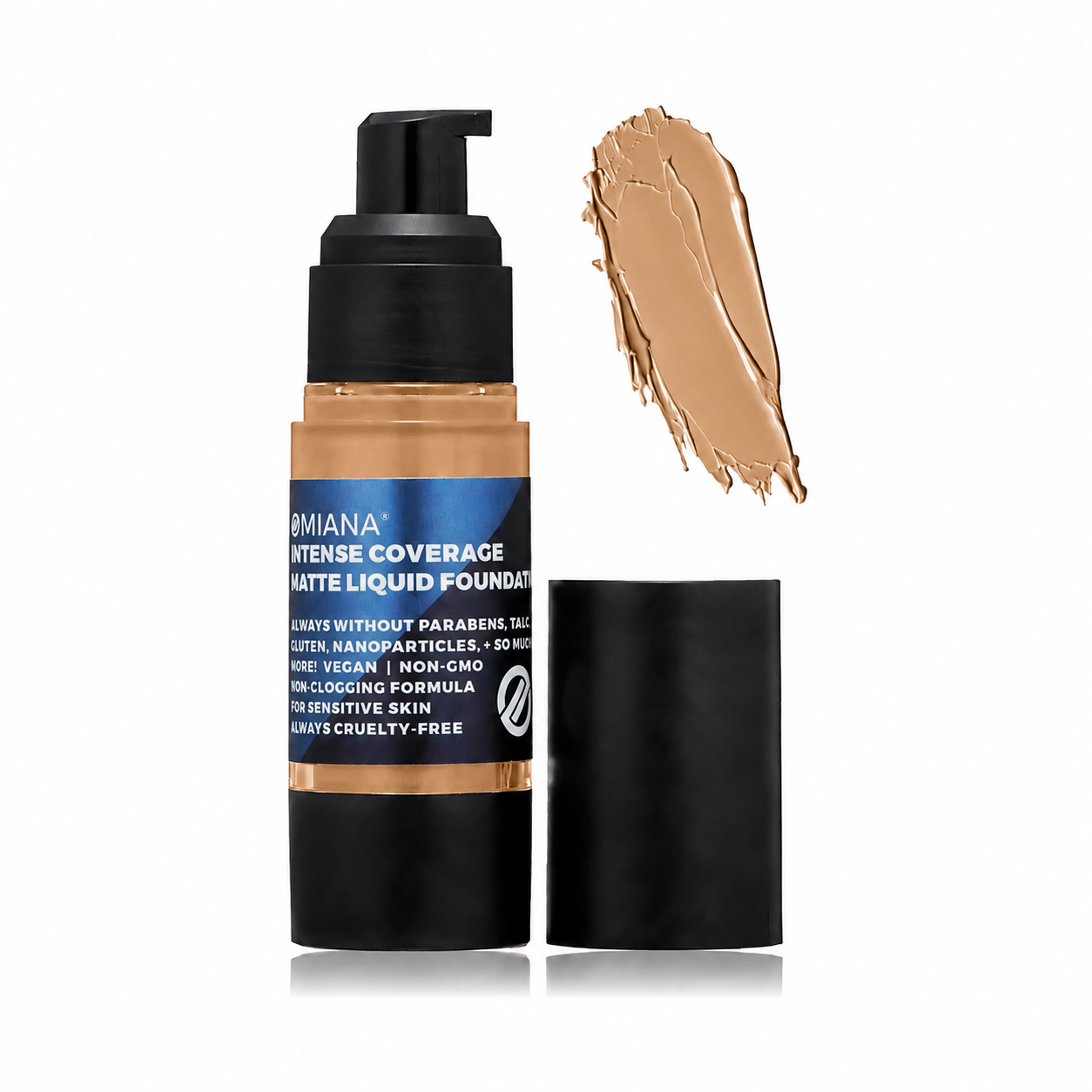 Omiana Intense Coverage Liquid Foundation in Roasted Sesame, a medium-light warm golden shade.