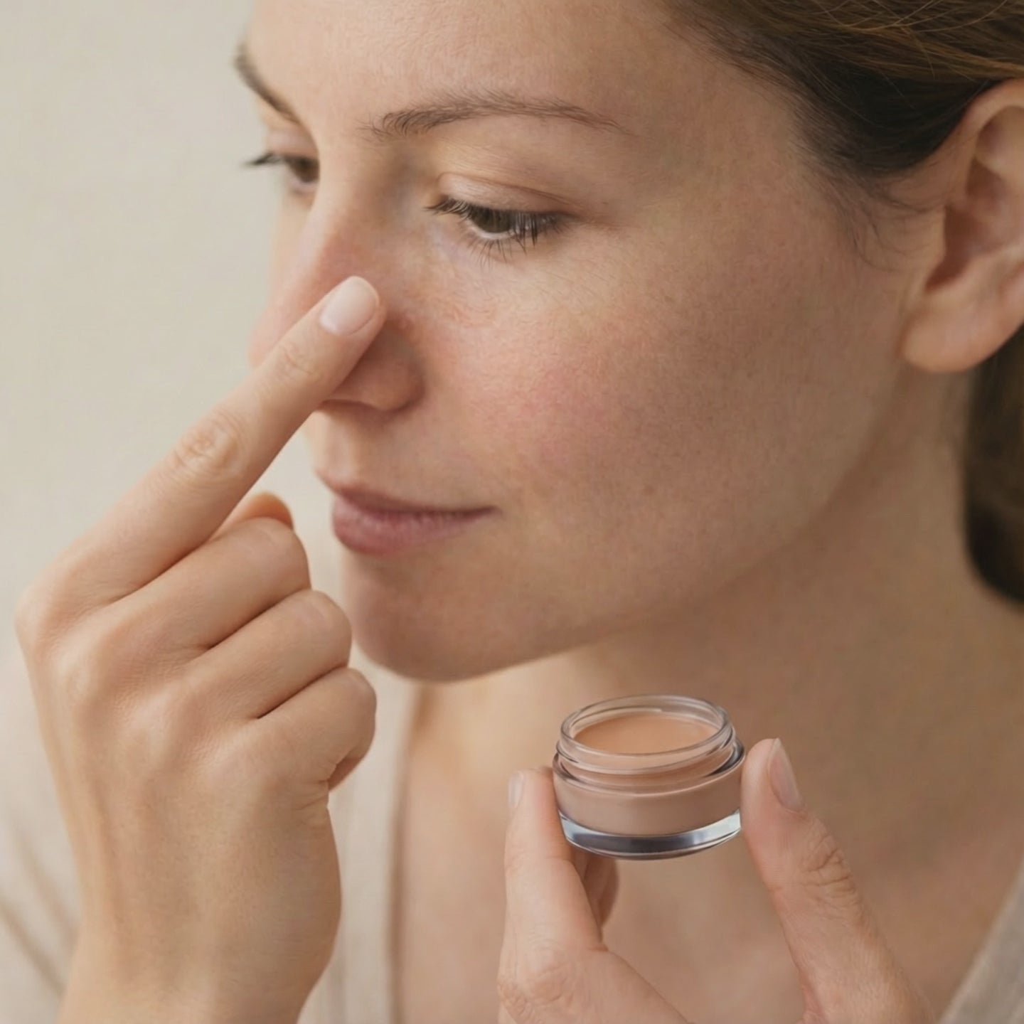 Woman applying redness concealer cream
